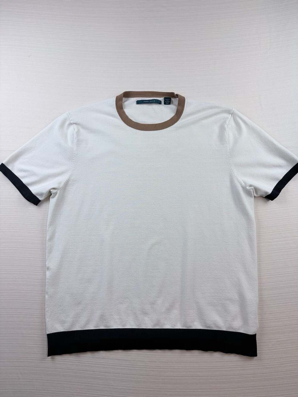 Retro Perry Ellis Short Sleeve Knit Sweater Tee Size XL Contrast Trim Off White